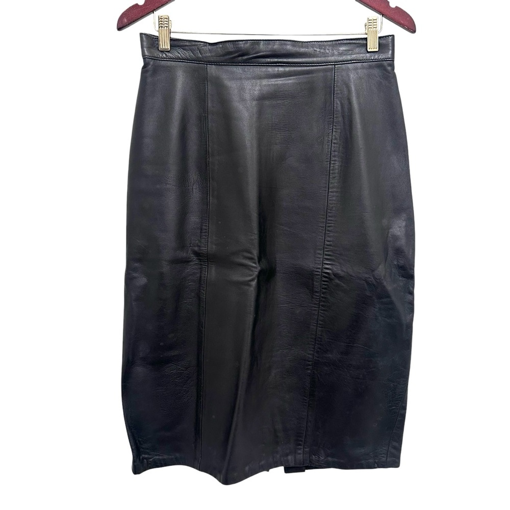 Vintage Firenze Santa Barbara 80s high waisted black leather midi skirt size 8